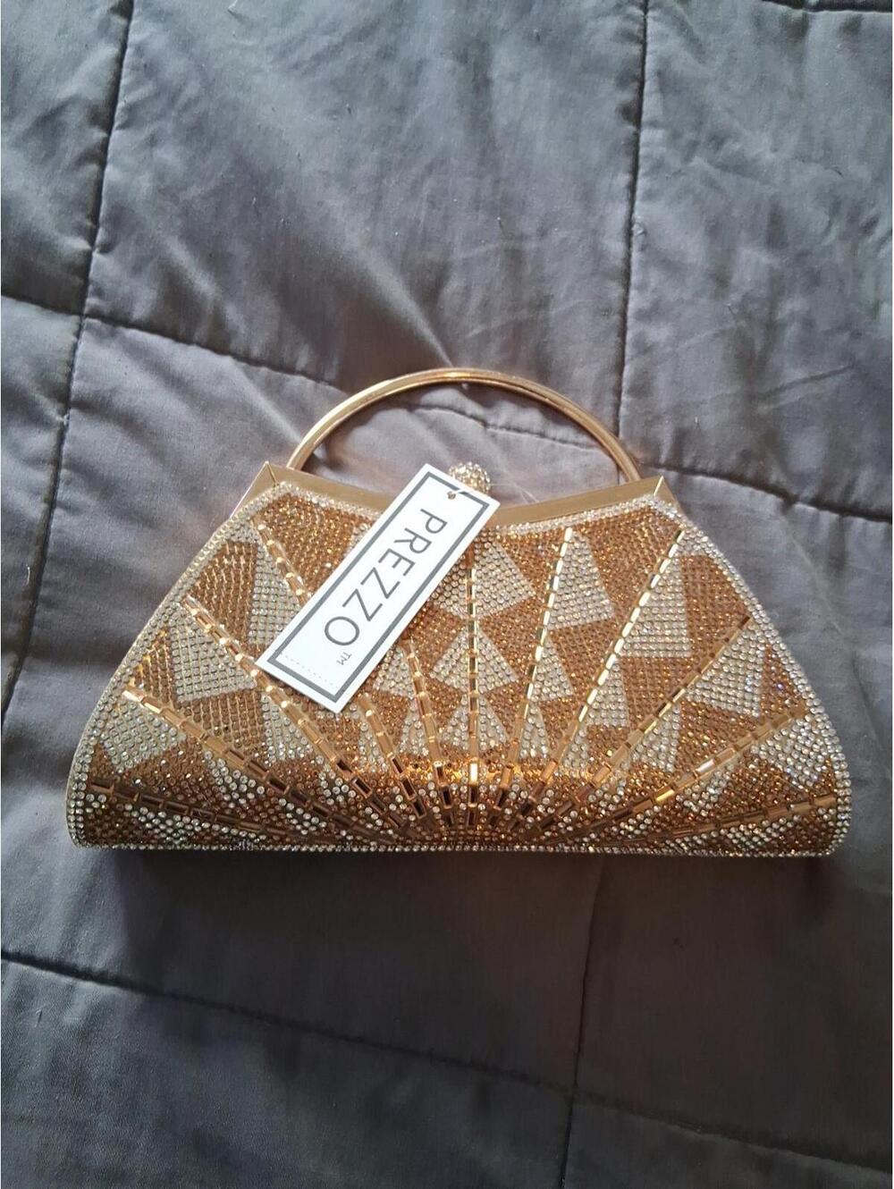 Prezzo Gold And Silver Rhinestone Clutch Bag 9” Wide Snap Closure NWT W1